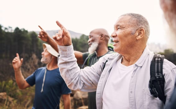 Hiking, old men and pointing with view, nature and reunion on summer vacation, bonding and conversation. Hikers, mature males and senior friends on getaway outdoor, quality time and talking on trip