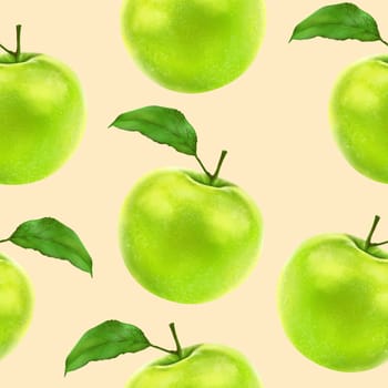 Illustration realism seamless pattern fruit apple green color on beige brown background