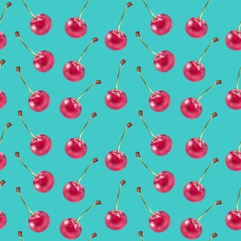 Illustration realism seamless pattern berry red cherry on a blue green background