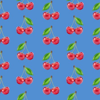 Illustration realism seamless pattern berry red cherry with green leaf on a blue background