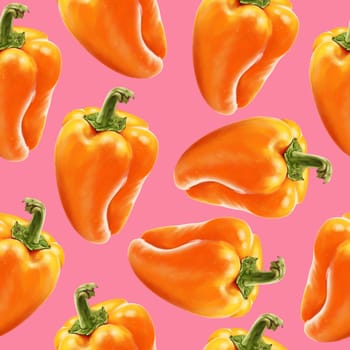 Illustration realism seamless pattern vegetable paprika orange color on a blue background. Sweet bell pepper