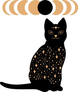 Black magical cat with star pattern and eclipse stages. Astrology and mystery. Vector illustration isolated on white background 
