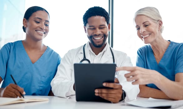 Doctor, team and tablet in meeting with smile for medical strategy, planning or schedule at the hospital. Healthcare professional employee workers in diversity for insurance discussion on touchscreen.