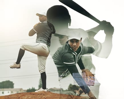 Motion, baseball and sports man in action on baseball field with exposure for pitch movement. Motivation, determination and focus for practice, training and softball game on art design for fitness