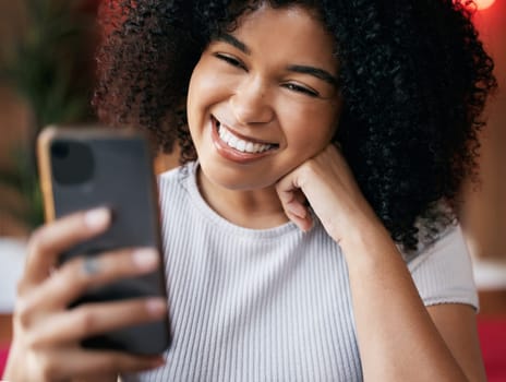 Black woman, phone and smile for selfie with happy face for social media profile picture or doing video call showing teeth, beauty and kindness. Female with smartphone for communication or blog post