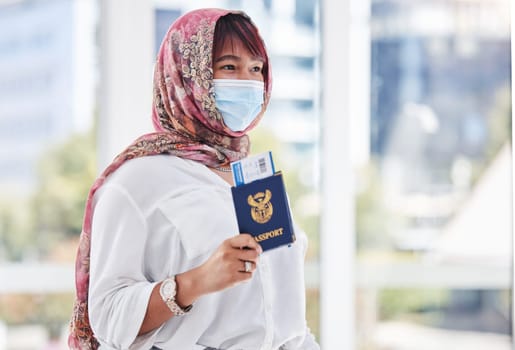 Travel, immigration and refugee woman with passport, mask and hijab at customs with ticket. Covid restrictions, global healthcare in pandemic and muslim woman with documents before flight in Iran.