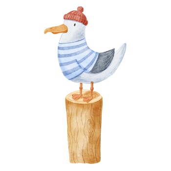 Cute seagull character with sailor red hat and striped vest on log isolated on white. Watercolor nautical illustration