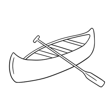 Wooden fishing canoe with paddle. Line sketch of boat. Outline illustration river transport