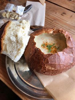 Clam Chowder in Bread Bowl. Homemade cream soup