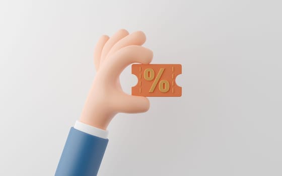 Hand of businessman holding discount code for shopping on white background, 3d illustration.