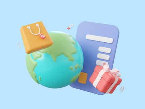 3d cartoon design illustration of Global shopping and payment by credit card around the world.