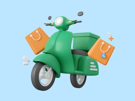 3d cartoon design illustration of Scooter with shopping bags, Scooter delivery service concept.