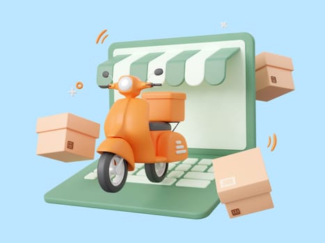 3d cartoon design illustration of Scooter shipping parcel boxes, Shopping and delivery service online.