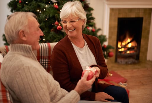 Christmas, gift and love with a senior couple in celebration while sitting in the living room of their home together. Tradition, present and bonding with a mature man and woman in the festive season