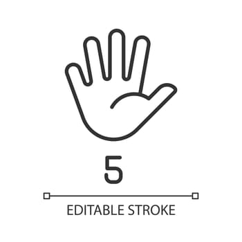 Digit five in American sign language pixel perfect linear icon