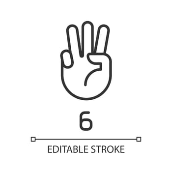 Digit six in American sign language pixel perfect linear icon