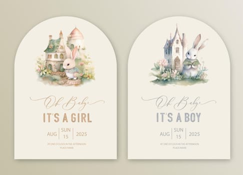 Cute baby shower watercolor invitation card for baby and kids new born celebration. Its a girl, Its a boy card with fairytale castle and bunny.