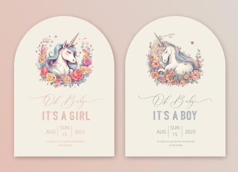 Cute baby shower watercolor invitation card for baby and kids new born celebration. Its a girl, Its a boy card with unicorn in flowers.