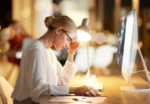 Business woman, headache or computer hologram screen in night office for finance planning stress, insurance fail or stock market loss. Technology abstract, 3d or cybersecurity hack for worker burnout