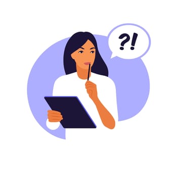 Customer satisfaction survey concept. Woman fill out a form. Vector illustration. Flat style.