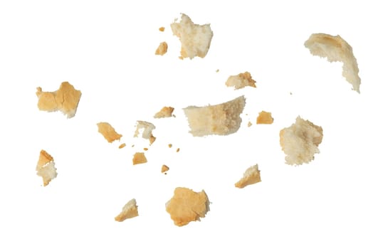 Fresh white bread crumbs isolated on white background. Isolate crumbs of different sizes for inserting into a design or project.