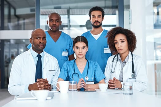 Well do all we can to help you. Portrait of a group of medical practitioners having a meeting in a hospital boardroom.
