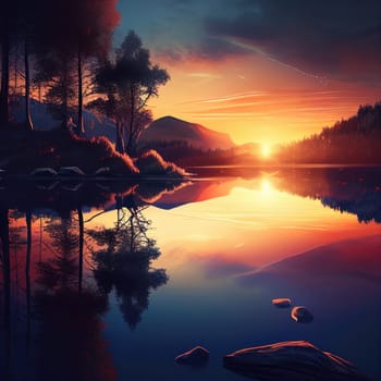 AI Generative Illustration of beautiful sunset on the lake