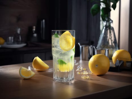 Citrus lemonade water with lemon sliced on the table. Generative AI