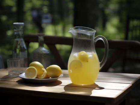 Fresh citrus lemonade with limes and lemons in jar on the table in the garden. Generative AI