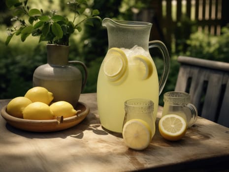 Fresh citrus lemonade with limes and lemons in jar on the table in the garden. Generative AI