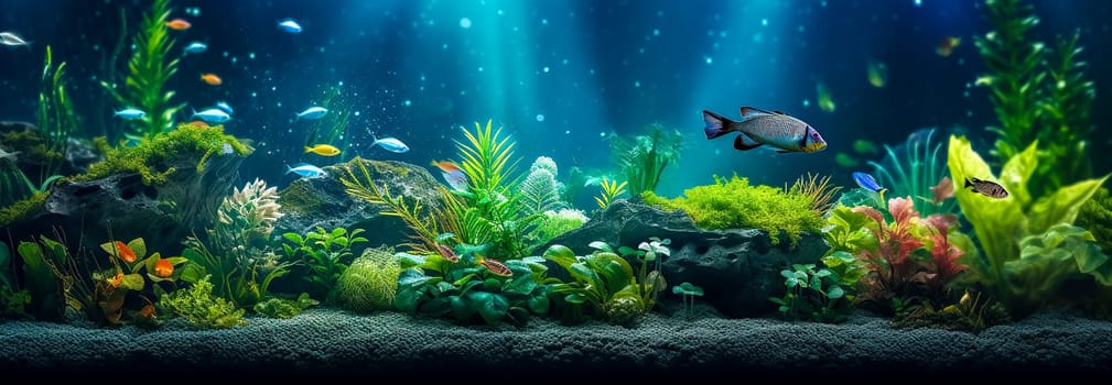 aquarium, colorful underwater world with fish and plants, banner with copy space, made with Generative AI