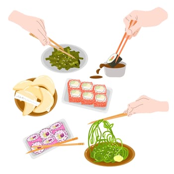 Relaxing friends with food on home party. Asian food, sushi, nori, fortune cookies. Vector flat illustration.