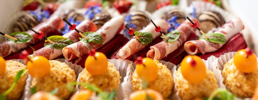 Catering service. Set of beautiful canapes. Buffet table. Shallow depth of view.