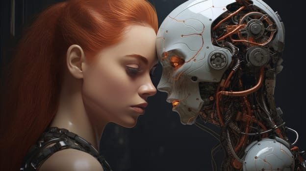 A woman with red hair with feelings touches the robot with her face. AI generated