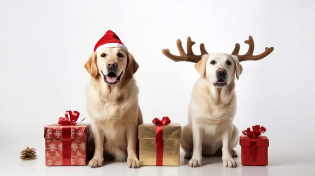 Dogs celebrating christmas holidays wearing red santa claus hat, reindeer antlers and red gift ribbon isolated on white background. AI generated.