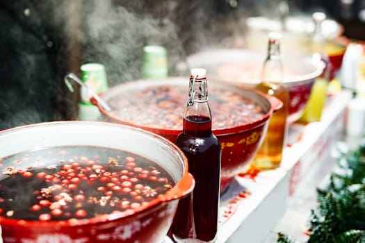 Hot mulled wine on a street food market