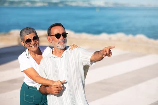 Excited Senior Couple Pointing Posing At Stunning Ocean View Outside