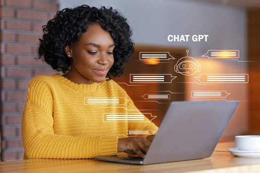 Black woman working online, using laptop with Chat GPT