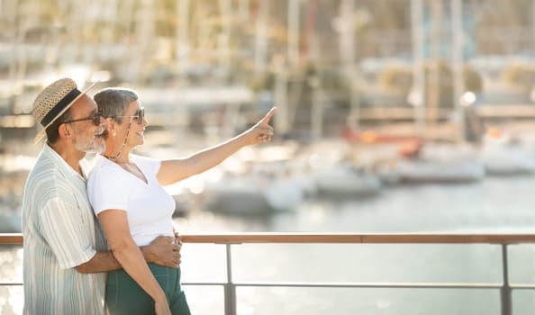Senior Tourists Couple Pointing Finger At Free Space At Marina