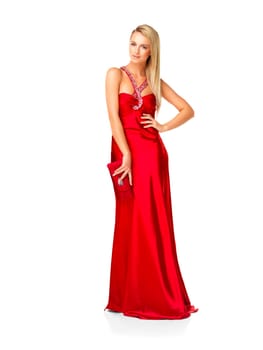 Fashion, beauty and elegant woman in red dress or evening gown for prom, bridesmaid or formal event against white studio background. Beautiful lady feeling confident in designer wear and accessories