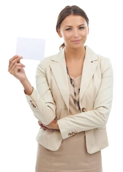 Your copyspace is in good hands. Studio portrait of a young businesswoman holding a blank card for copyspace isolated on white.