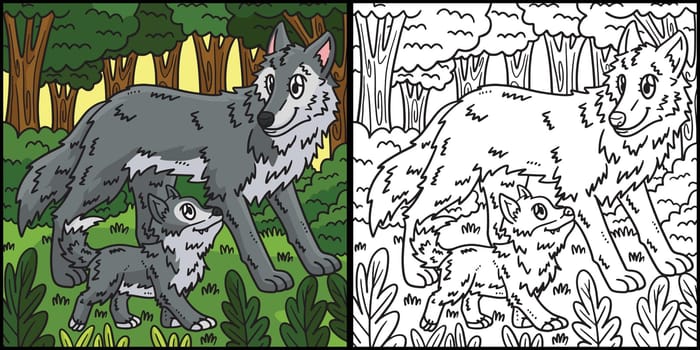 Mother Wolf and Baby Wolf Coloring Illustration