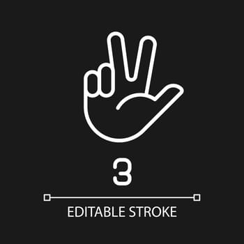 Signing digit three in ASL pixel perfect white linear icon for dark theme