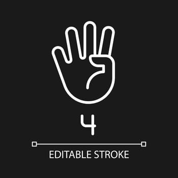 Digit four sign in ASL pixel perfect white linear icon for dark theme