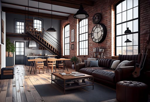 Living room loft in industrial style ,3d render. Generate Ai.