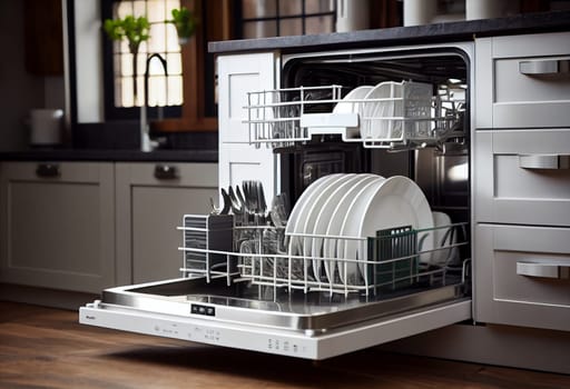 Open dishwasher with clean dishes inside in kitchen. Generate Ai