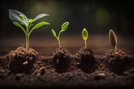 Seedlings growing from the ground , Germinating seeds of various , Growing plants and agriculture concept. Generate Ai