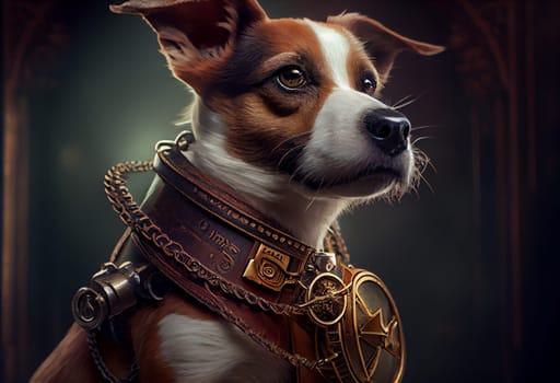 dog with a steampunk watch lanyard around his neck protecting a safe. Generate Ai