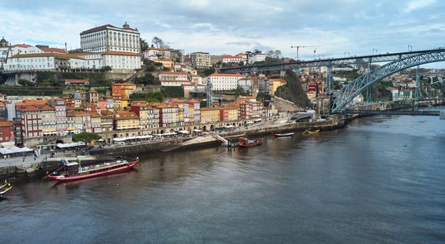 Porto, Portugal - 12.25.2022: Aerial view of the old city and the Don Luis bridge in Porto