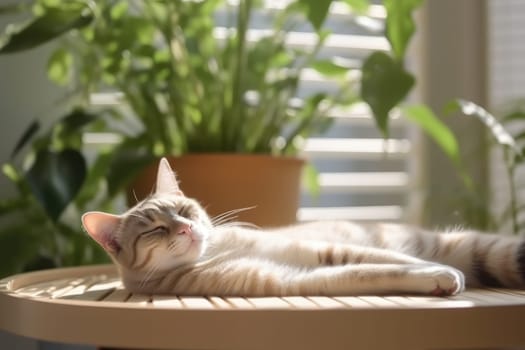 Cute cat lying on soft mat at home, many plants and soft light. AI Generated